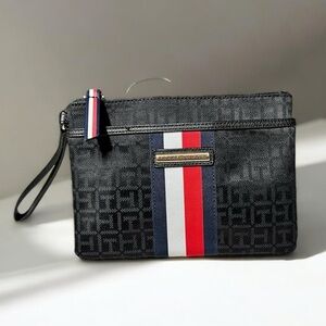 🌻Tommy Hilfiger Black Textured Canvas Wristlet with Classic TH Stripes on Front